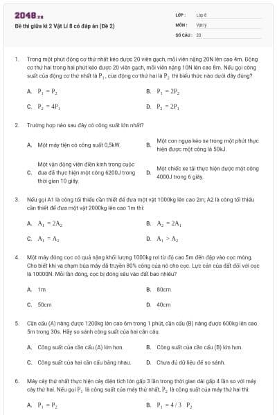 Đề thi giữa kì 2 Vật Lí 8 có đáp án (Đề 2)