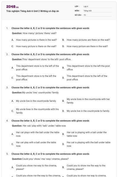 Trắc nghiệm Tiếng Anh 6 Unit 2 Writing có đáp án