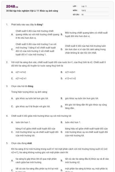 30 Bài tập trắc nghiệm Vật Lí 11 Khúc xạ ánh sáng