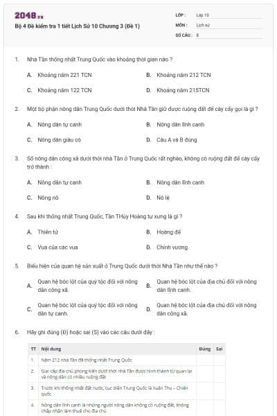 Bộ 4 Đề kiểm tra 1 tiết Lịch Sử 10 Chương 3 (Đề 1)