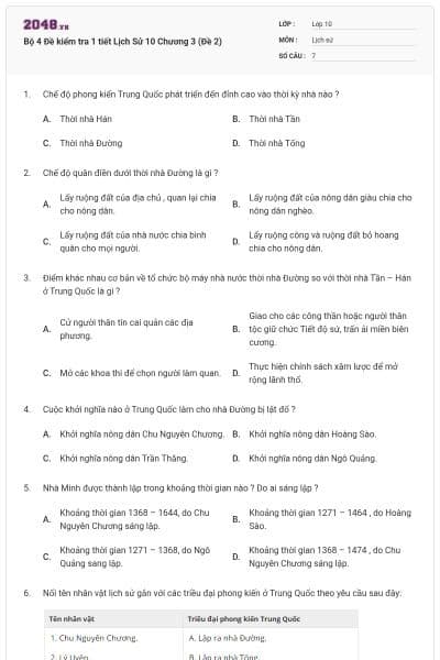 Bộ 4 Đề kiểm tra 1 tiết Lịch Sử 10 Chương 3 (Đề 2)
