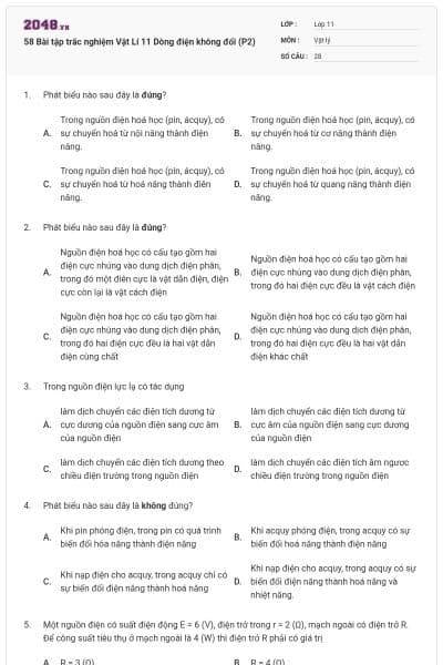 58 Bài tập trắc nghiệm Vật Lí 11 Dòng điện không đổi (P2)