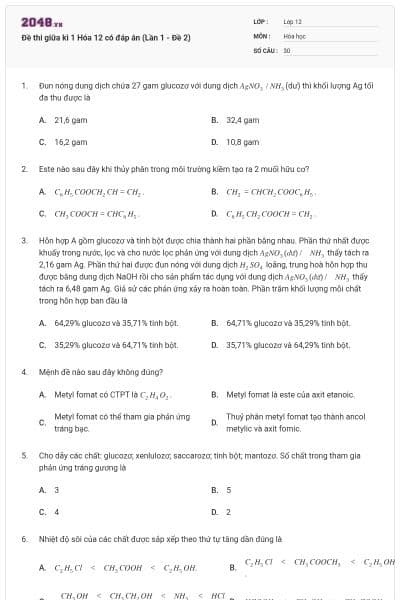 Đề thi giữa kì 1 Hóa 12 có đáp án (Lần 1 - Đề 2)