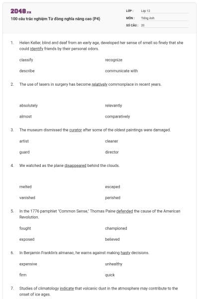 100 câu trắc nghiệm Từ đồng nghĩa nâng cao (P4)