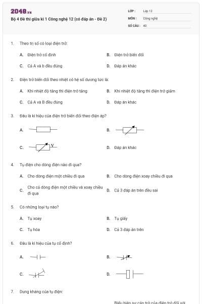 Bộ 4 Đề thi giữa kì 1 Công nghệ 12 (có đáp án - Đề 2)