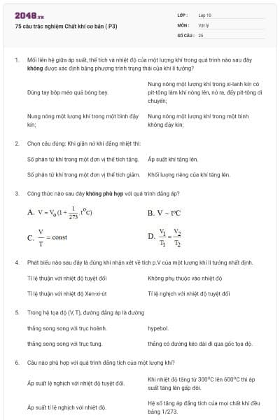 75 câu trắc nghiệm Chất khí cơ bản ( P3)