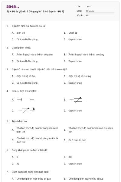 Bộ 4 Đề thi giữa kì 1 Công nghệ 12 (có đáp án - Đề 4)