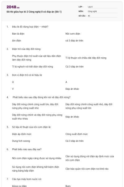 Đề thi giữa học kì 2 Công nghệ 8 có đáp án (Đề 1)