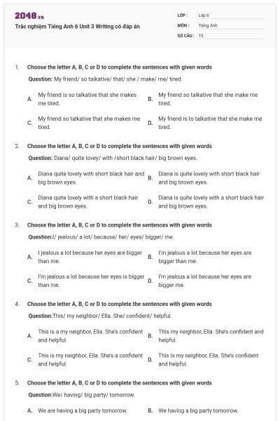 Trắc nghiệm Tiếng Anh 6 Unit 3 Writing có đáp án