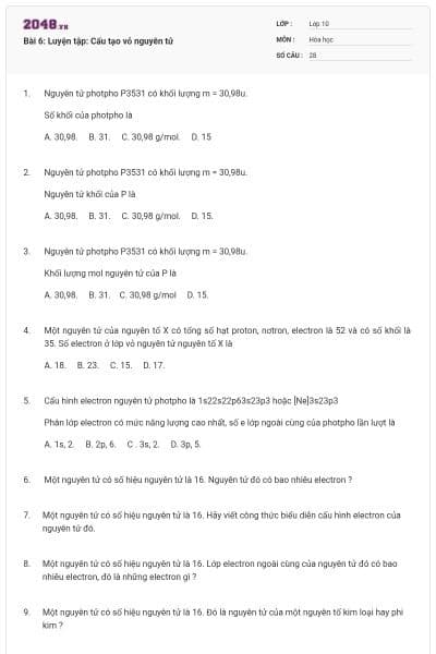 Bài 6: Luyện tập: Cấu tạo vỏ nguyên tử