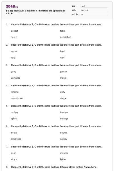 Bài tập Tiếng Anh 8 mới Unit 4 Phonetics and Speaking có đáp án