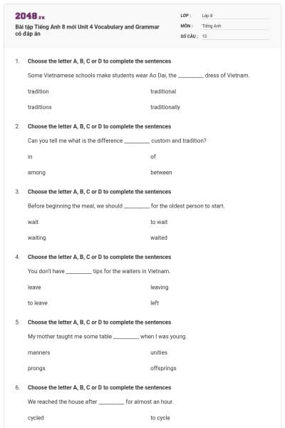 Bài tập Tiếng Anh 8 mới Unit 4 Vocabulary and Grammar có đáp án