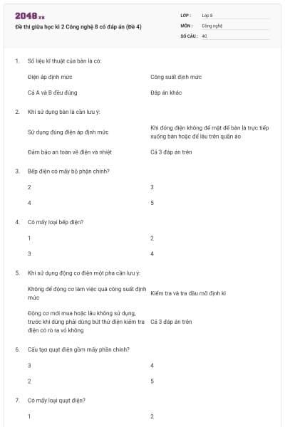 Đề thi giữa học kì 2 Công nghệ 8 có đáp án (Đề 4)