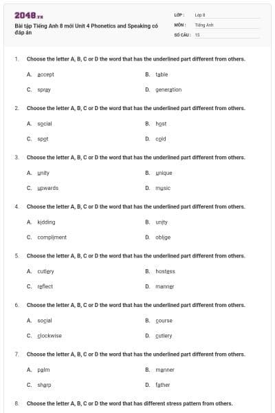Bài tập Tiếng Anh 8 mới Unit 4 Phonetics and Speaking có đáp án