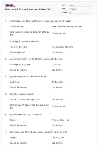 Đề thi Học kì 2 Công nghệ 8 cực hay, có đáp án (Đề 1)