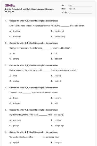 Bài tập Tiếng Anh 8 mới Unit 4 Vocabulary and Grammar có đáp án