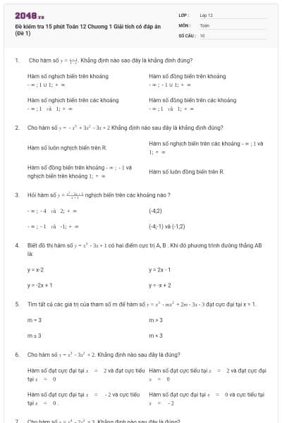 Đề kiểm tra 15 phút Toán 12 Chương 1 Giải tích có đáp án (Đề 1)