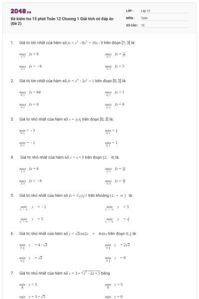 Đề kiểm tra 15 phút Toán 12 Chương 1 Giải tích có đáp án (Đề 2)