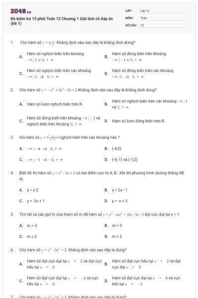 Đề kiểm tra 15 phút Toán 12 Chương 1 Giải tích có đáp án (Đề 1)