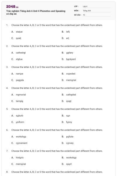Trắc nghiệm Tiếng Anh 6 Unit 4 Phonetics and Speaking có đáp án
