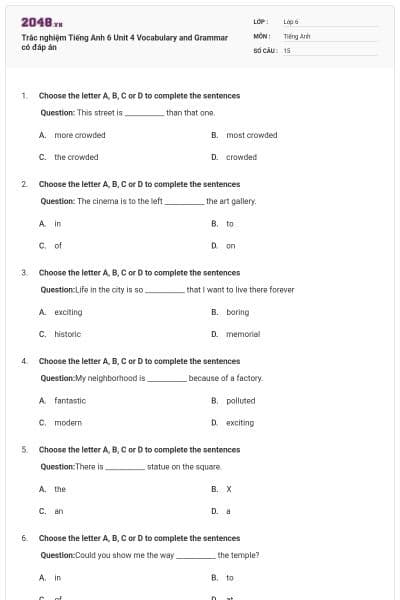 Trắc nghiệm Tiếng Anh 6 Unit 4 Vocabulary and Grammar có đáp án