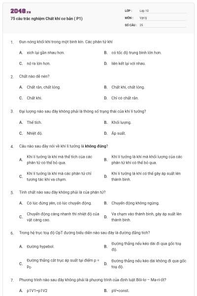 75 câu trắc nghiệm Chất khí cơ bản ( P1)