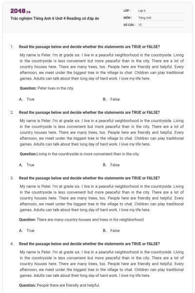 Trắc nghiệm Tiếng Anh 6 Unit 4 Reading có đáp án