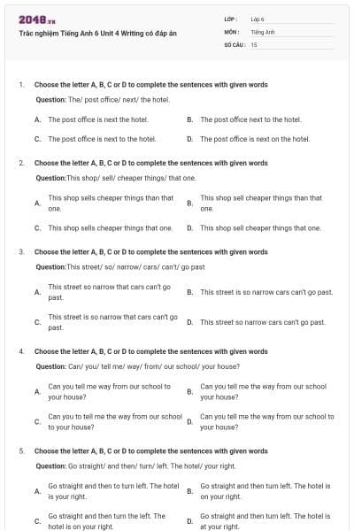 Trắc nghiệm Tiếng Anh 6 Unit 4 Writing có đáp án