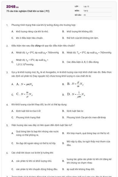 75 câu trắc nghiệm Chất khí cơ bản ( P2)