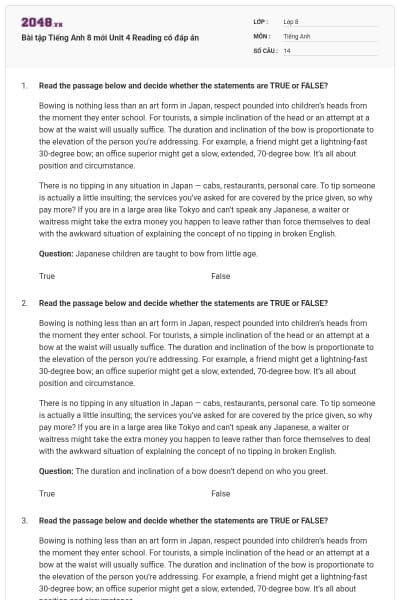 Bài tập Tiếng Anh 8 mới Unit 4 Reading có đáp án