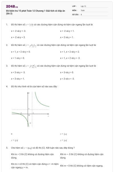 Đề kiểm tra 15 phút Toán 12 Chương 1 Giải tích có đáp án (Đề 3)