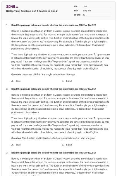 Bài tập Tiếng Anh 8 mới Unit 4 Reading có đáp án