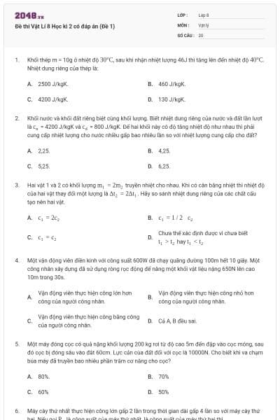 Đề thi Vật Lí 8 Học kì 2 có đáp án (Đề 1)
