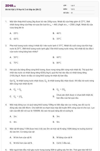 Đề thi Vật Lí 8 Học kì 2 có đáp án (Đề 2)