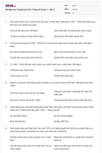 Đề kiểm tra 15 phút Lịch Sử 12 Học kì 2 (Lần 1 - Đề 1)