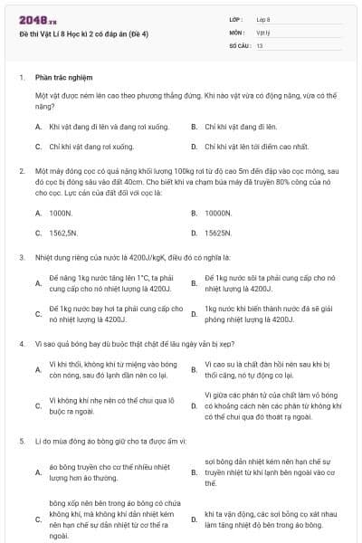 Đề thi Vật Lí 8 Học kì 2 có đáp án (Đề 4)