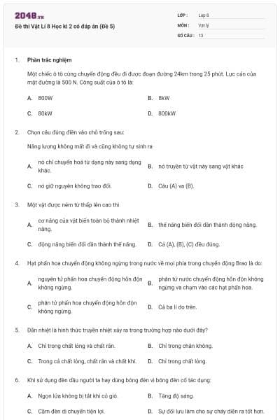 Đề thi Vật Lí 8 Học kì 2 có đáp án (Đề 5)