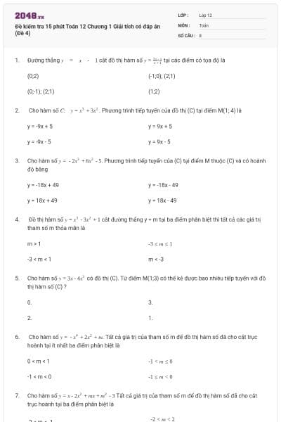 Đề kiểm tra 15 phút Toán 12 Chương 1 Giải tích có đáp án (Đề 4)
