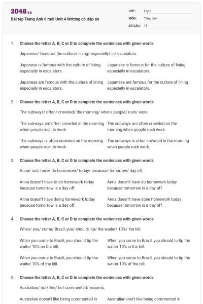 Bài tập Tiếng Anh 8 mới Unit 4 Writing có đáp án