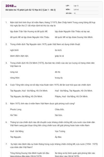 Đề kiểm tra 15 phút Lịch Sử 12 Học kì 2 (Lần 1 - Đề 2)