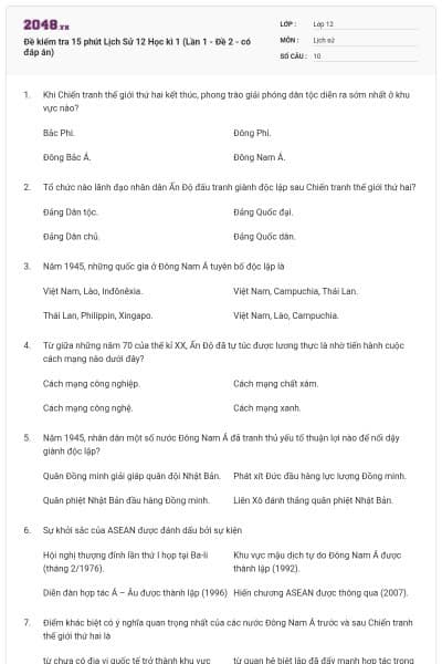 Đề kiểm tra 15 phút Lịch Sử 12 Học kì 1 (Lần 1 - Đề 2 - có đáp án)