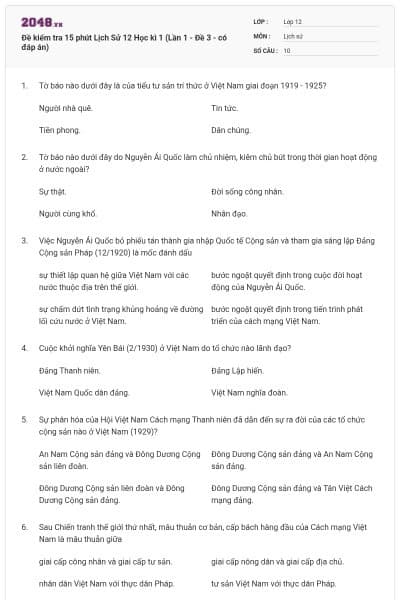 Đề kiểm tra 15 phút Lịch Sử 12 Học kì 1 (Lần 1 - Đề 3 - có đáp án)