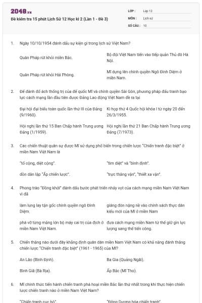 Đề kiểm tra 15 phút Lịch Sử 12 Học kì 2 (Lần 1 - Đề 3)