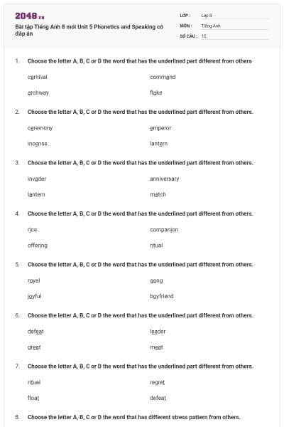 Bài tập Tiếng Anh 8 mới Unit 5 Phonetics and Speaking có đáp án