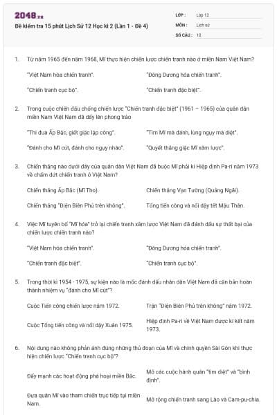 Đề kiểm tra 15 phút Lịch Sử 12 Học kì 2 (Lần 1 - Đề 4)