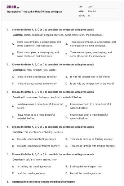 Trắc nghiệm Tiếng Anh 6 Unit 5 Writing có đáp án