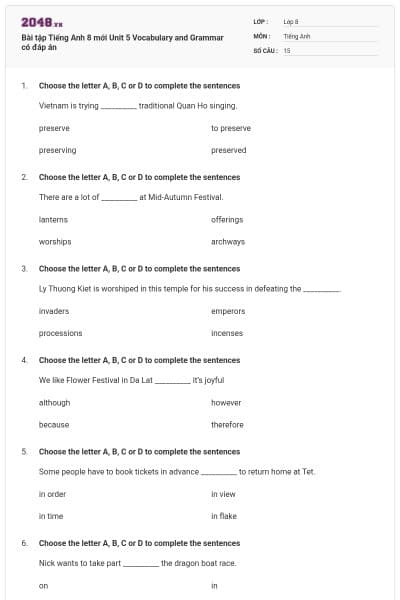Bài tập Tiếng Anh 8 mới Unit 5 Vocabulary and Grammar có đáp án