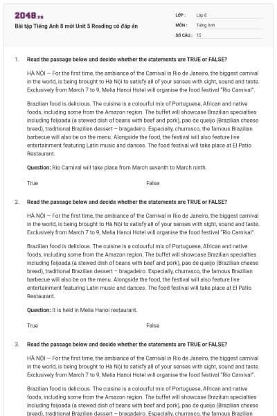 Bài tập Tiếng Anh 8 mới Unit 5 Reading có đáp án