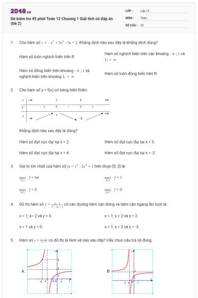Đề kiểm tra 45 phút Toán 12 Chương 1 Giải tích có đáp án (Đề 2)
