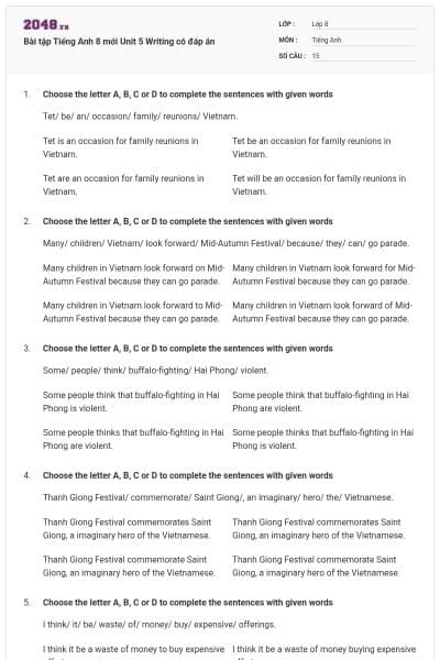 Bài tập Tiếng Anh 8 mới Unit 5 Writing có đáp án